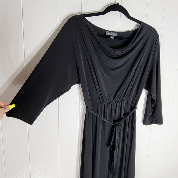 4/$20 AB Studio 3/4 Sleeve Draped Neck Black Stretch Belted Mini Dress Small - Picture 2 of 8